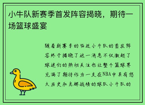小牛队新赛季首发阵容揭晓，期待一场篮球盛宴