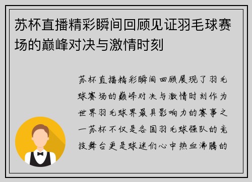 苏杯直播精彩瞬间回顾见证羽毛球赛场的巅峰对决与激情时刻