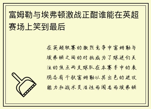 富姆勒与埃弗顿激战正酣谁能在英超赛场上笑到最后