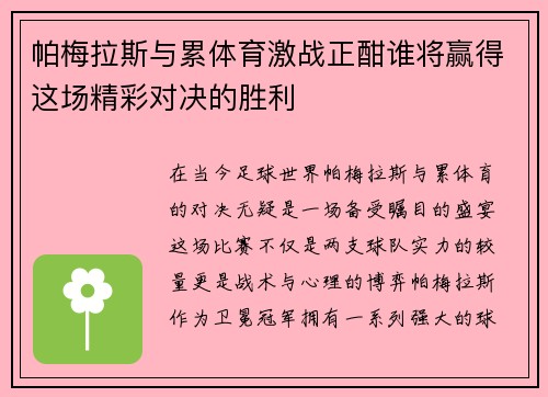 帕梅拉斯与累体育激战正酣谁将赢得这场精彩对决的胜利